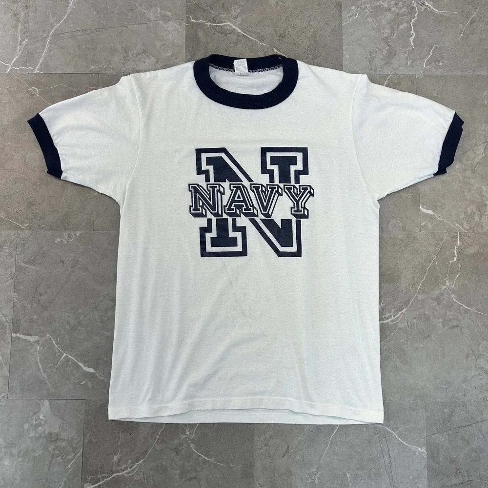 80s Vintage Navy Midshipmen Graphic Ringer Tee Mens Large Distressed Shirt